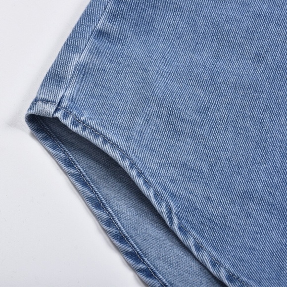 Denim Button Down Puff Sleeve One Shoulder Shirt Dress - Picture 6 of 10